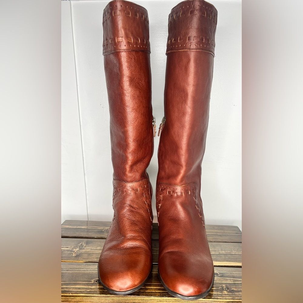 Franco Sarto Foxy Brown Leather Knee High Boot Pull On Low Heel Women’s Size 6.5